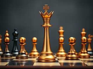 Gold and Black Chess Pieces on Board
