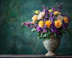 Flower bouquet in vintage vase with purple and yellow blooms and space for text