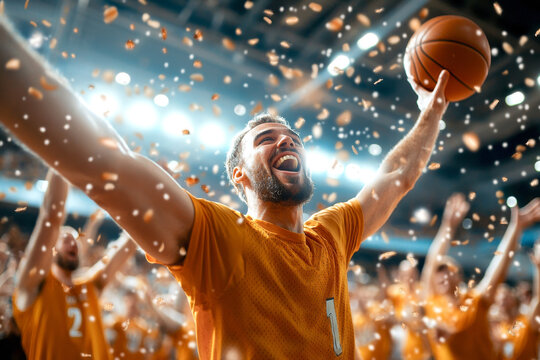 A vibrant basketball player, arms wide open, embraces the joy of victory amidst swirling confetti and ecstatic fans, embodying the pinnacle of athletic success. - Powered by Adobe