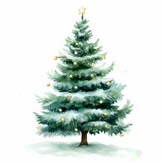 Watercolor illustration of a snowy Christmas tree