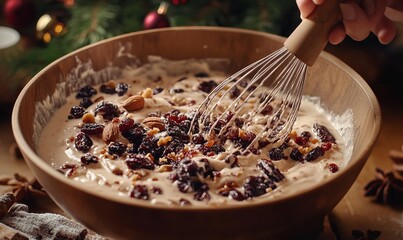 Whisking a bowl of holiday batter for Christmas cake, with festive ingredients like dried fruits, nuts, and spices