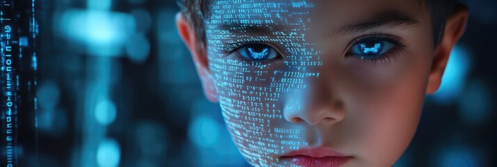 Little child with digital code data overlay, cyberspace and information technology of the future. Ai education and cybersecurity