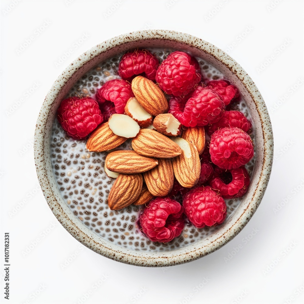 Sticker A vibrant bowl of fresh raspberries and crunchy almonds showcases a healthy snack choice. Ideal for wellness-focused living. Perfect for food photography. AI