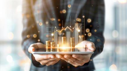 Digital financial growth and investment concept with graphs and coins