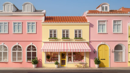Obraz premium 3D-rendered pink storefront, isolated against a pastel yellow background. The small building has a quaint, cottage-like appearance with large arched windows, a striped awning, and a pink door. 