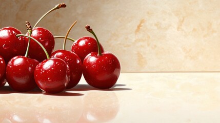A collection of ripe cherries is artfully arranged on a polished surface, casting delicate reflections and creating a minimalist and serene visual composition.