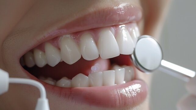 Dentist using a dental air polisher to remove stains leaving the patient's teeth clean and polished for a bright smile