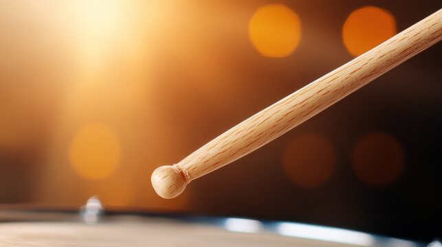 A close-up of a drumstick poised gently on a drum skin, captured under warm, ambient lighting. The image exudes a sense of anticipation and musical suspense.