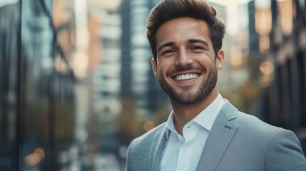 Fototapeta premium Smiling successful businessman dressed in grey suit and white shirt outdoors in the city