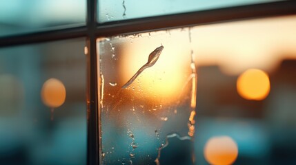 Raindrops cling to a window pane as the vibrant hues of a sunset create a moment of bliss and reflection, highlighting the beautiful interaction of nature.