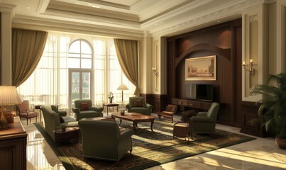 Fototapeta premium Livingroom in hotel or office. Meeting area for relax and TV.