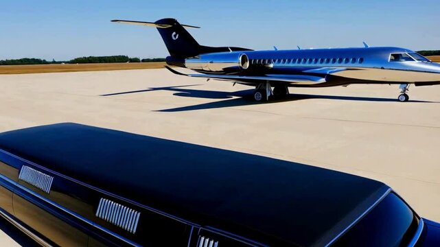 A private jet next to a limousine An opulent and realistic picture of a private jet and a luxury limousine parked side by side on the tarmac