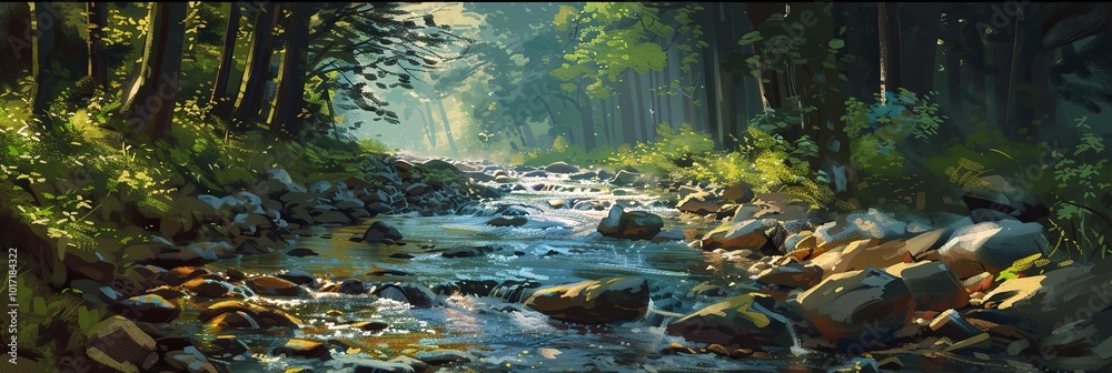 Poster A serene stream meanders through a lush forest, sunlight filtering through the trees, illuminating rocks and creating a peaceful atmosphere. Generative AI