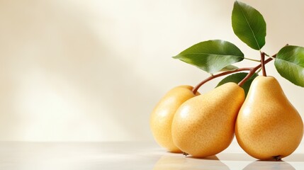 A trio of golden pears adorned with lush green leaves, resting on a soft light background, highlighting their texture and colorfulness in serene composition.
