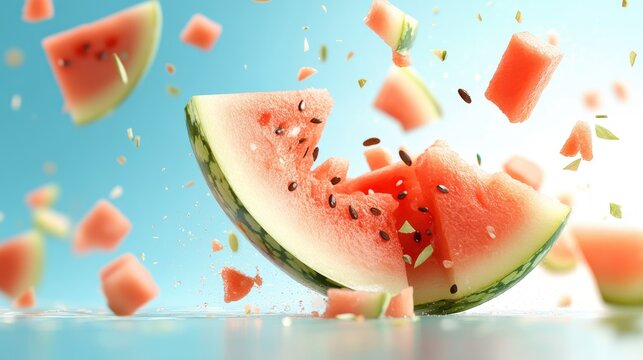 A dynamic image of a watermelon exploding into pieces mid-air with a vibrant backdrop, showcasing freshness and vitality with vivid color contrasts and movement.