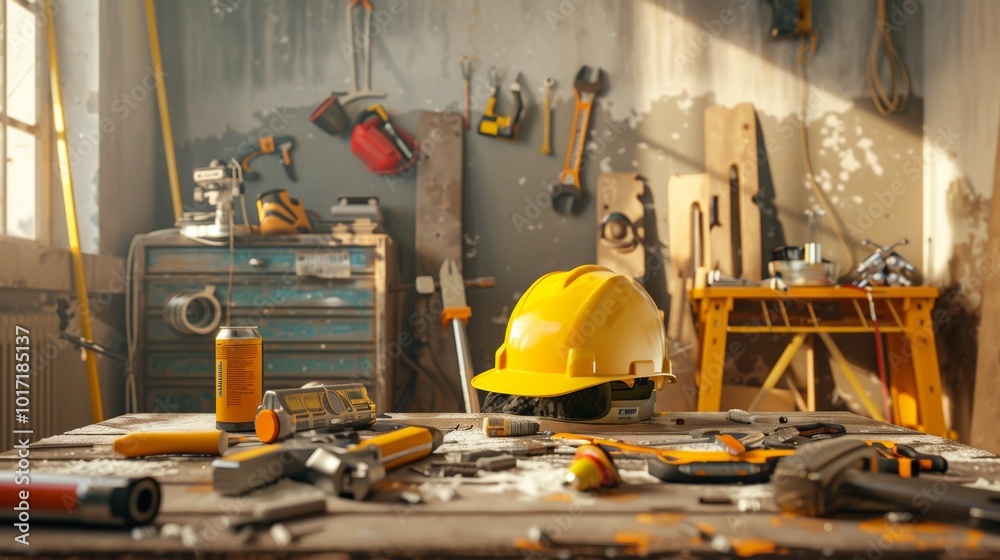 Aufkleber a repair team is busy at a worksite surrounded by tools and materials, focusing on their tasks in a 