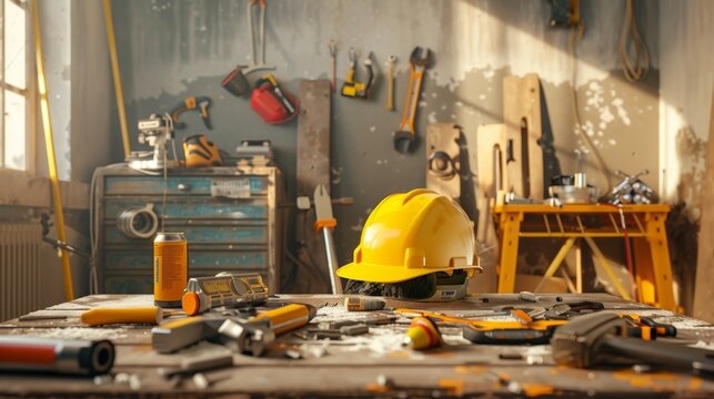 A repair team is busy at a worksite surrounded by tools and materials, focusing on their tasks in a bright environment. Generative AI