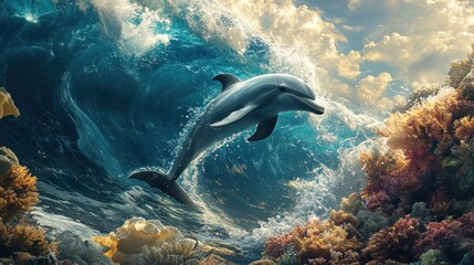 Naklejka premium Dolphin Leaping Through a Wave