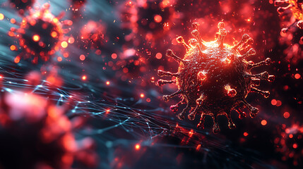 AI powered malware detection system monitoring cyber threats with glowing red and blue digital elements