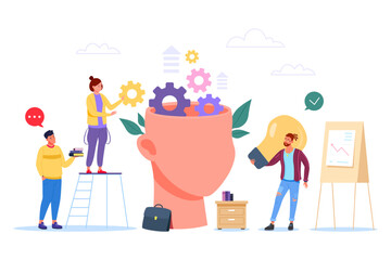Put knowledge in head. People putting cog gear wheels with idea in brain inside, intelligence mental training skill development learning strategy brainstorming vector illustration