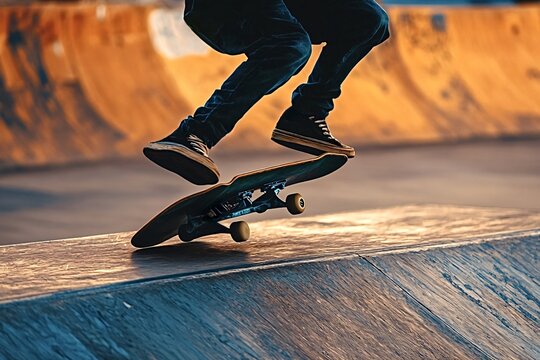 Skateboarder performing tricks at urban skatepark during golden hour, showcasing balance and agility in action-packed lifestyle