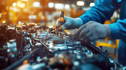 Skilled mechanic working on car engine with precision in a workshop setting