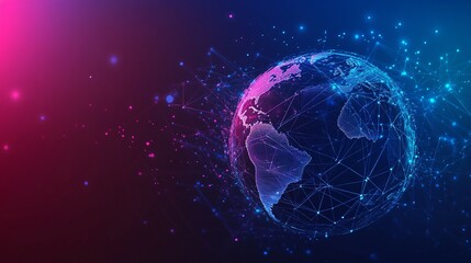 Obraz premium A digital representation of the Earth with glowing lines and dots connecting continents.