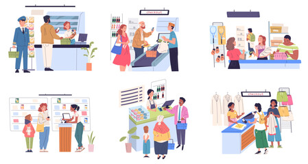 Fototapeta premium Consumers at checkout. Customer buy paying purchase at cashier counter desk in retail store or cafe service, supermarket seller work shop consumer client classy vector illustration