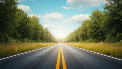 Naklejka premium Road Fork Surrounded by Trees and Tall Grass Under Blue Sky