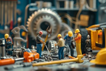 Fototapeta premium A team of repair workers is collaborating at a construction site using various tools and materials to complete their tasks. Generative AI