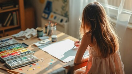Fototapeta premium Young Artist at Work, A focused young girl in a pink dress creates art at her desk. Natural light illuminates her workspace filled with paintbrushes, tubes of paint, and a palette.