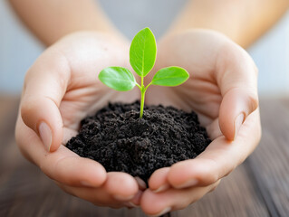 Hands cupping fresh soil with a small sprout emerging