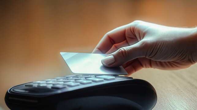 Secure Credit Card Payment Processing, A hand is holding a credit card over a payment terminal, which is a black device with a keypad.