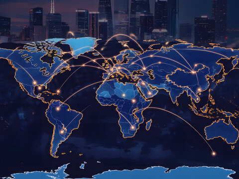 El mundo unido por una red cu&aacute;ntica, con l&iacute;neas y puntos iluminados que brillan en diferentes pa&iacute;ses estrat&eacute;gicos
