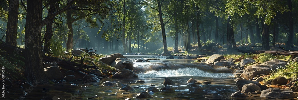 Poster a lively stream meanders through a vibrant forest, with sunlight filtering through the trees and gli