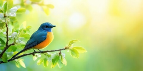 Obraz premium Colorful bird perched on a branch amidst vibrant green leaves and soft sunlight.