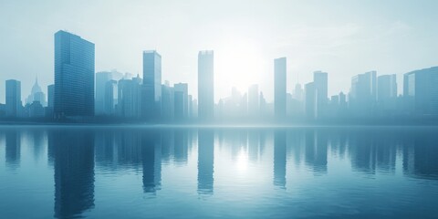 Fototapeta premium Fog-covered city skyline reflected on calm water during sunrise, creating a serene urban landscape atmosphere.