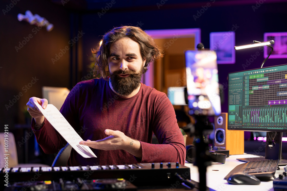 Poster musician composer showing notes on music sheet and explaining on midi controller, hosting online mas