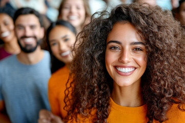 Obraz premium A cheerful young woman with curly hair smiles vibrantly against a group background, highlighting happiness and youthful exuberance in her lively expression.