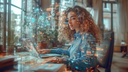 Young woman with curly hair working on a laptop with digital interface overlay.