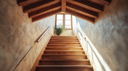 Fototapeta premium Wooden Staircase Leading Up to a Bright Window