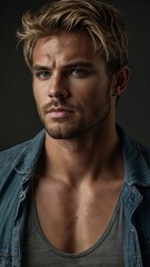 Obraz premium Rugged Masculine Man, Seriously Looking at Camera