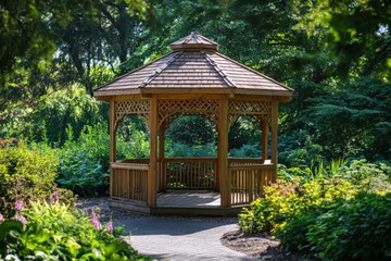 A small gazebo is surrounded by a lush green garden, generative ai image