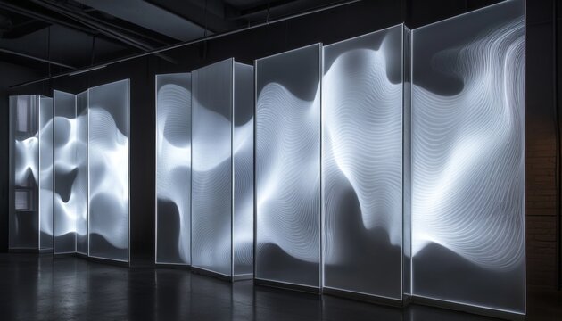 A series of six white, backlit, translucent panels with wavy, abstract, 3D patterns illuminate a dark gallery space. - Powered by Adobe