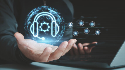 Technical Support Center Concept. Businessmen hold a global network with connections to technical support clients. Innovative development technology enhances technical support capabilities worldwide.