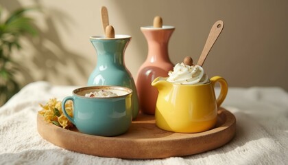Charming Ceramic Condiment Set on Wooden Tray