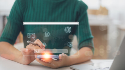 Searching Browsing Internet Data Information with blank search bar. Search Engine Optimization SEO Networking Concept. hand of a Woman working with a smartphone.