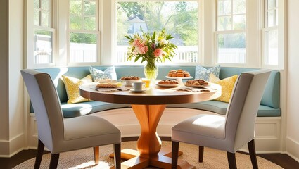 Fototapeta premium Breakfast Nook Bliss A bright breakfast nook with a stylish wooden table surrounded by comfortable, upholstered chairs