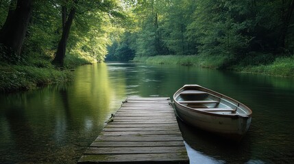 Obraz premium Serene River with a Rowboat and a Wooden Dock
