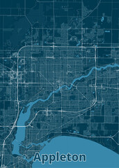Obraz premium A detailed map of Appleton, Wisconsin, rendered in a minimalist style. The map features a dark blue background with white lines representing streets and roads.